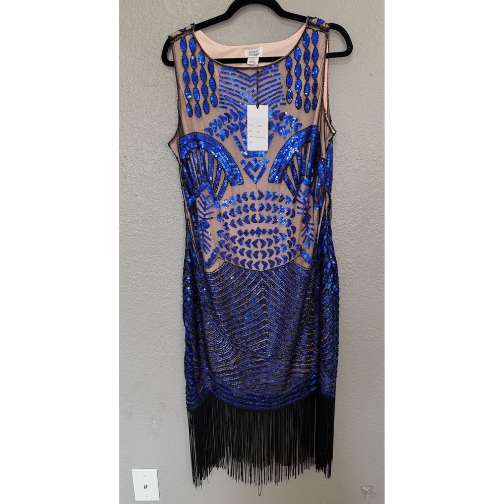 NWT‎ Unique Vintage Flapper Dress 1X/16 Blue Sequin Fringe Whimsy 1920's Gatsby - Picture 2 of 11
